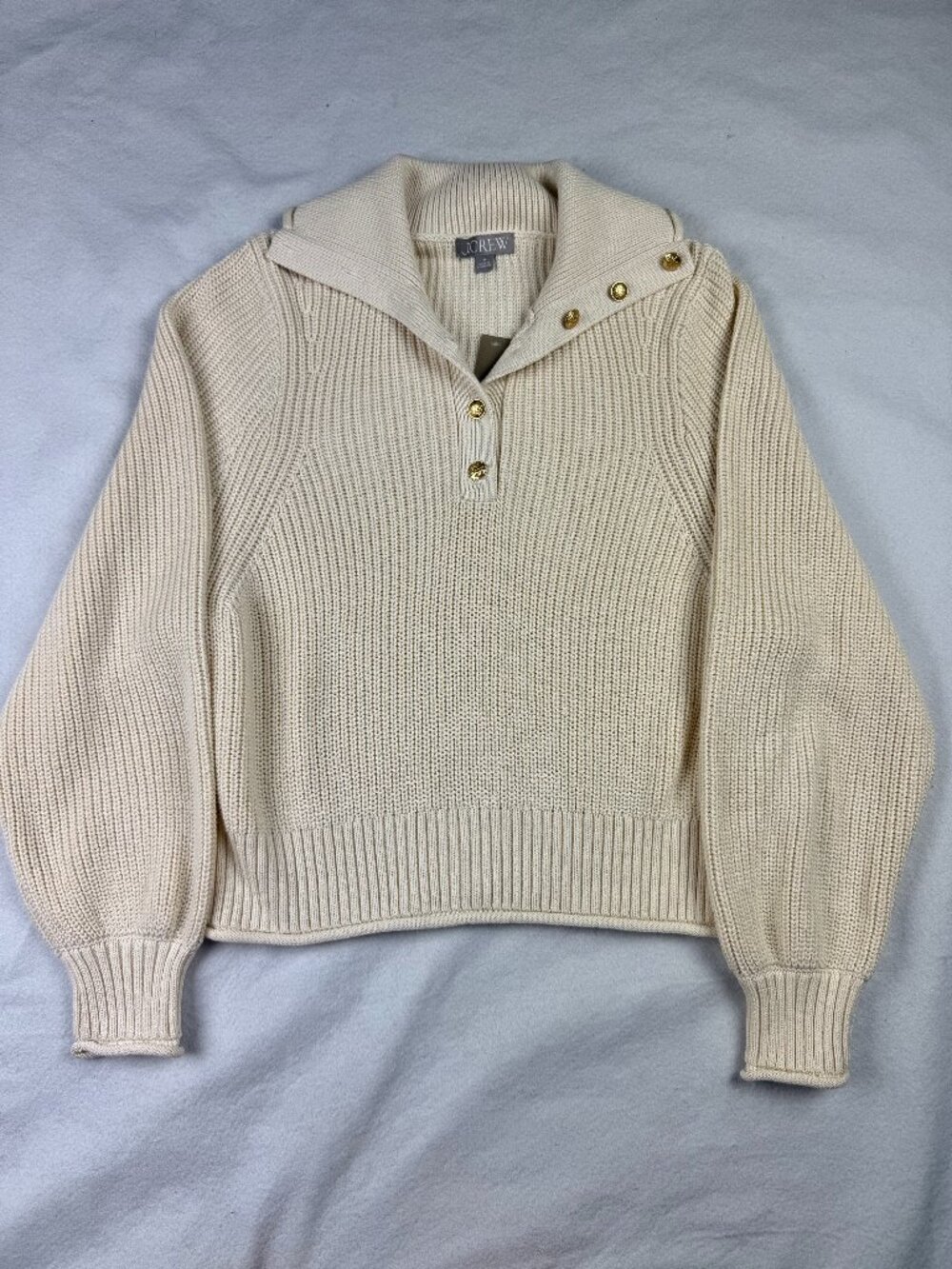 NEW J.Crew Cream Cotton Ribbed Gold Button Collar Sweater Size M - Picture 2 of 5